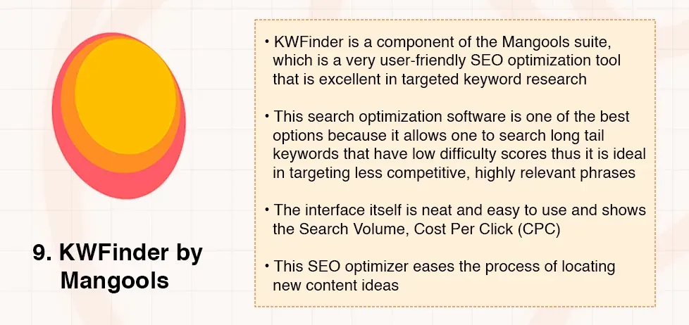 KWFinder by Mangools, an SEO optimization tool for keyword research and long-tail keyword analysis.