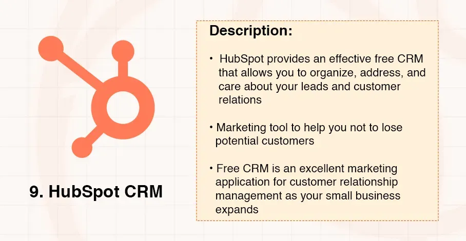 HubSpot CRM logo next to a description of its free customer relationship management features.