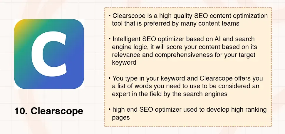 Clearscope logo with a white 'C' and a summary of its SEO content optimization features.