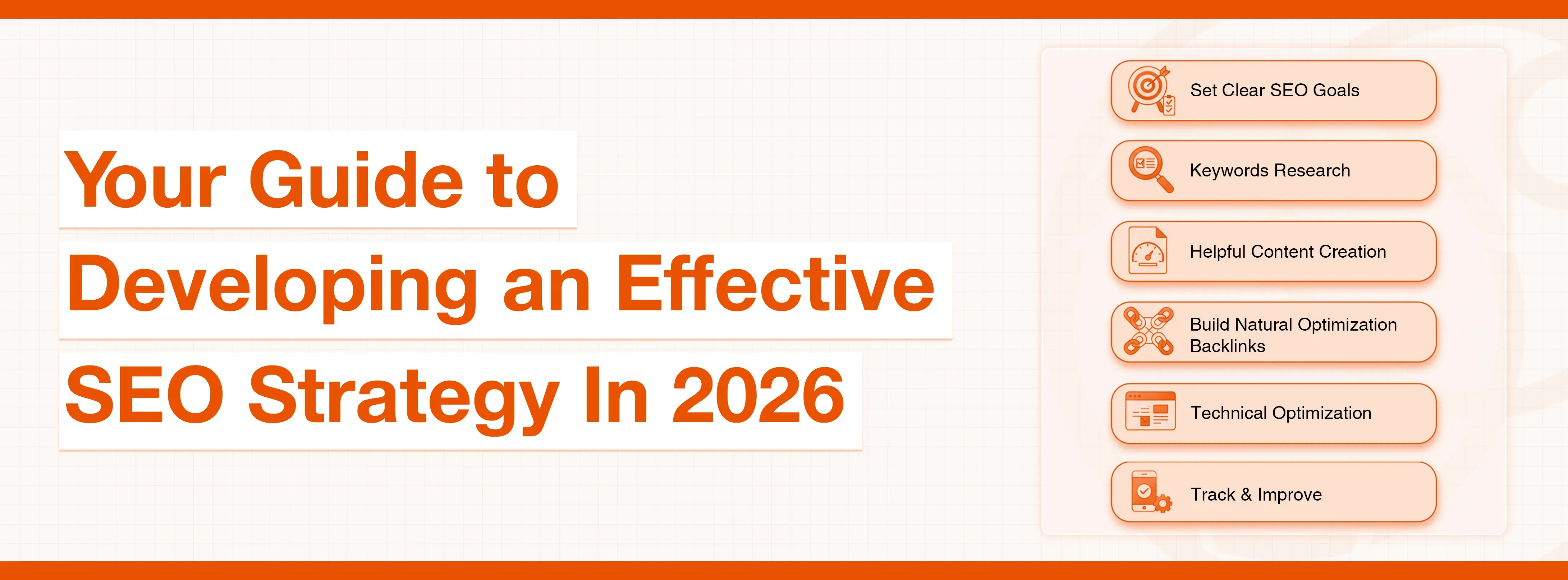 Guide to an effective SEO strategy in 2026, listing steps like keyword research and technical optimization.