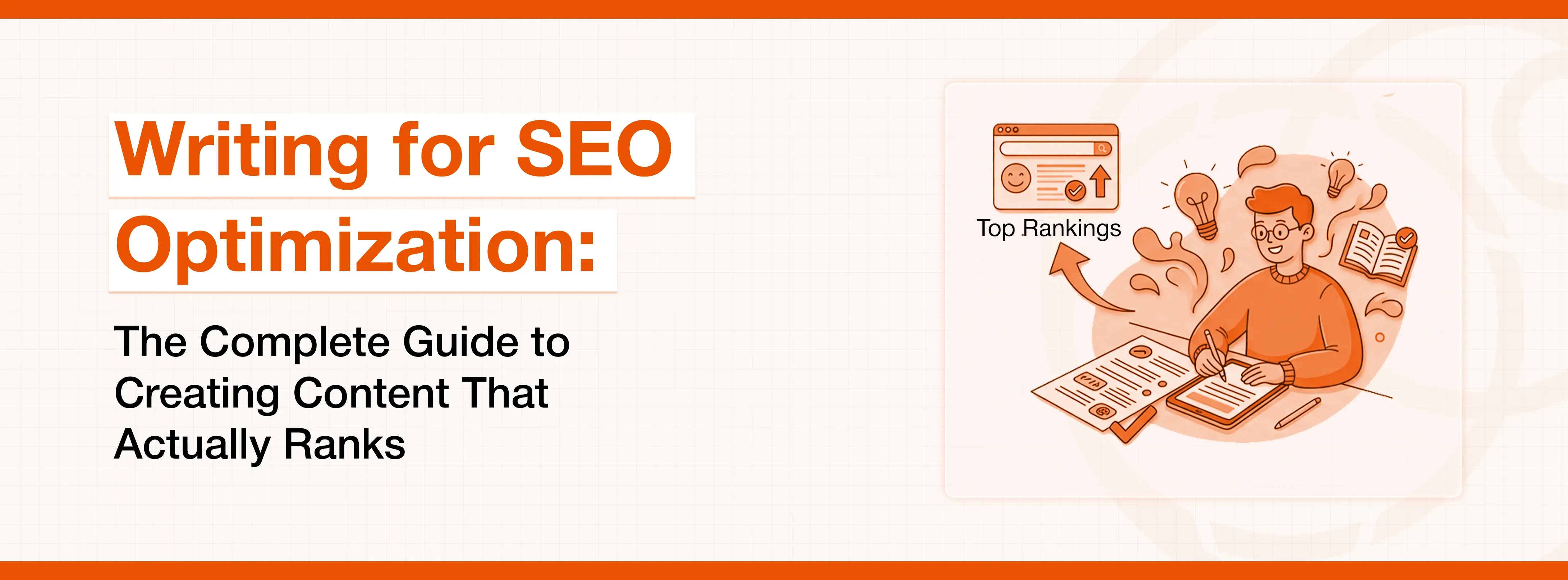 Illustration of a person writing content for SEO optimization to achieve top rankings.
