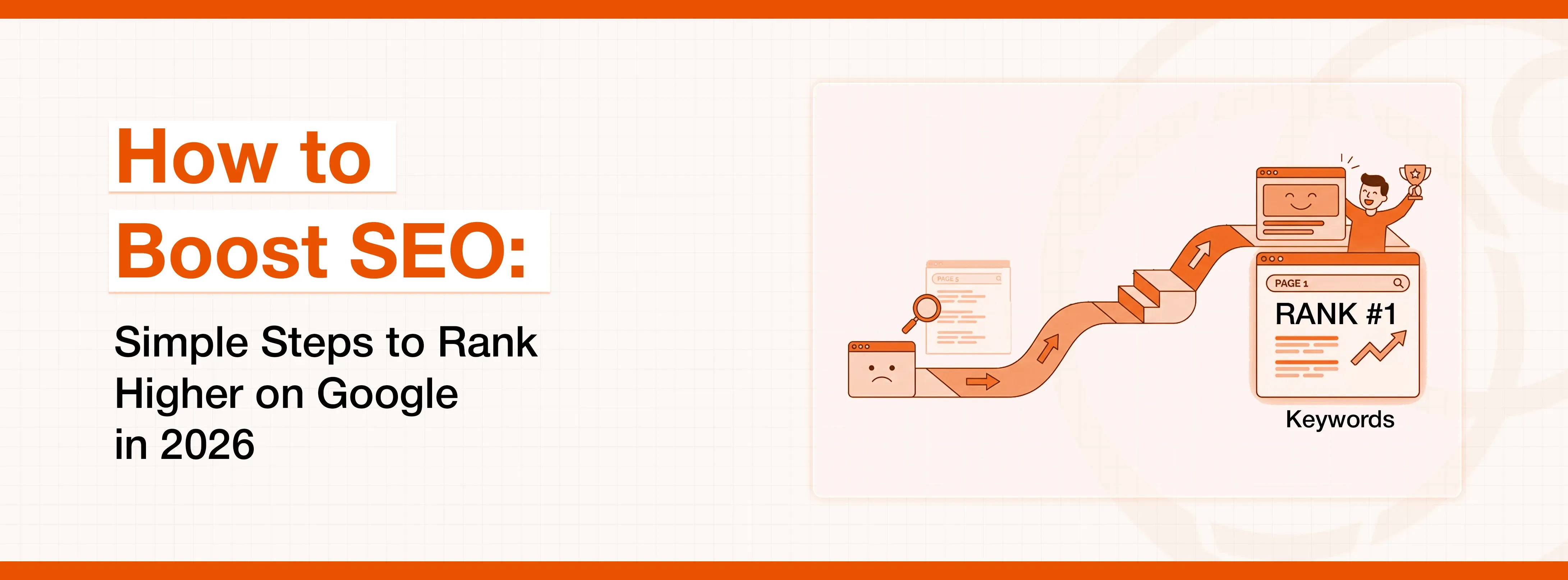 Illustration showing steps to boost SEO and achieve Google rank #1 by 2026.