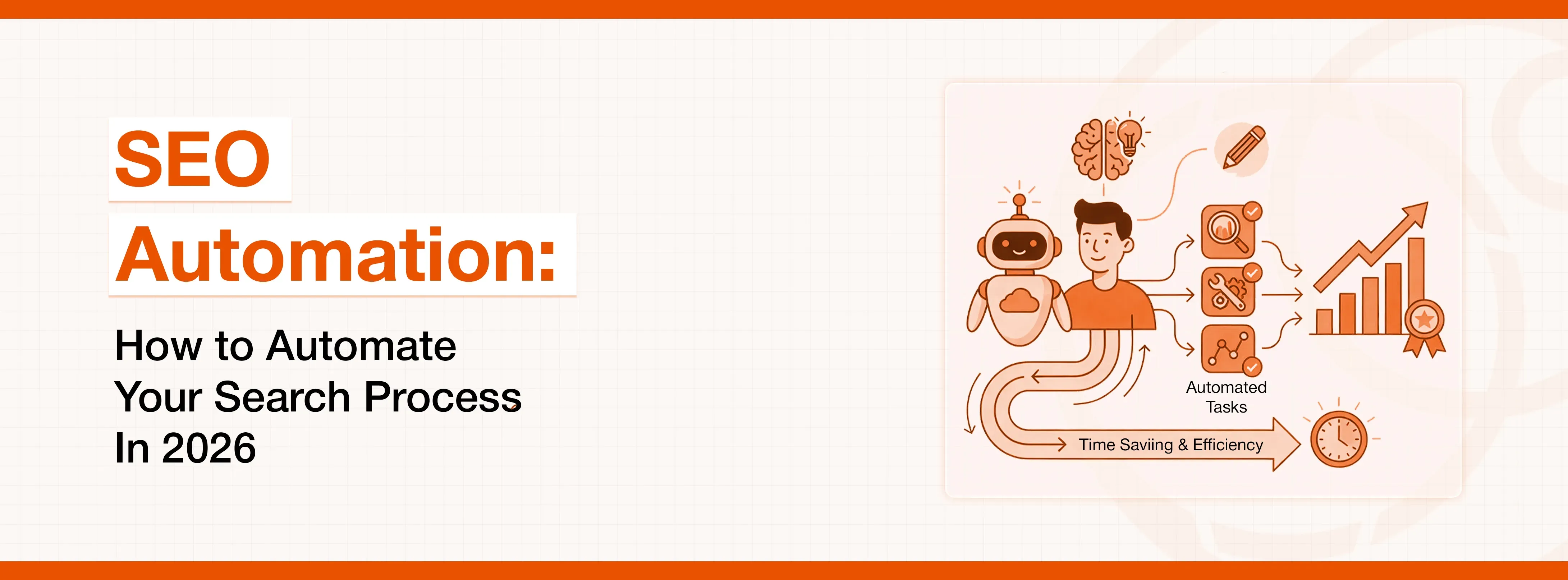 Digital illustration depicting SEO automation workflow, a robot, and business growth.