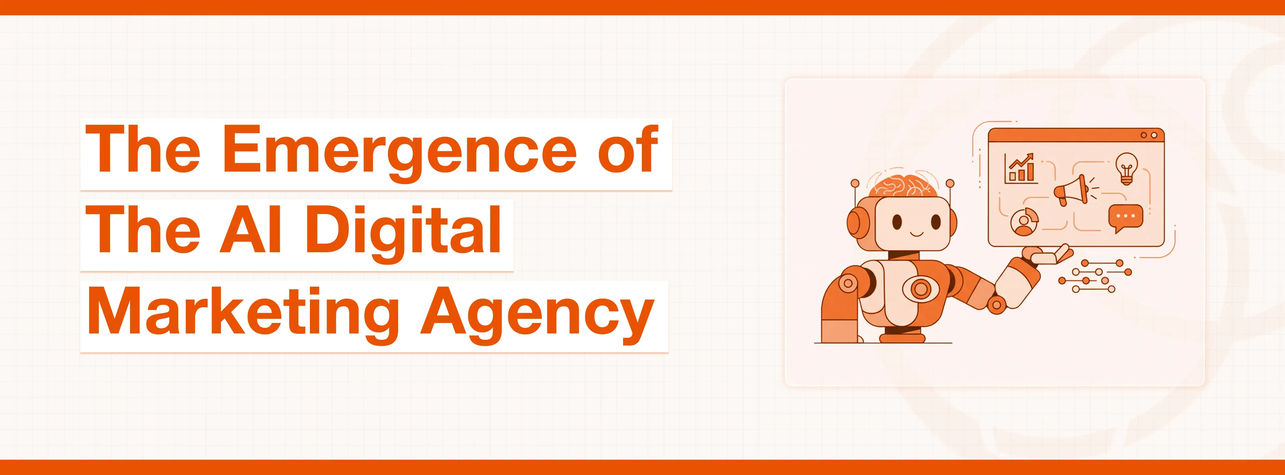 Robot pointing to a screen with marketing icons, beside text about an AI Digital Marketing Agency.