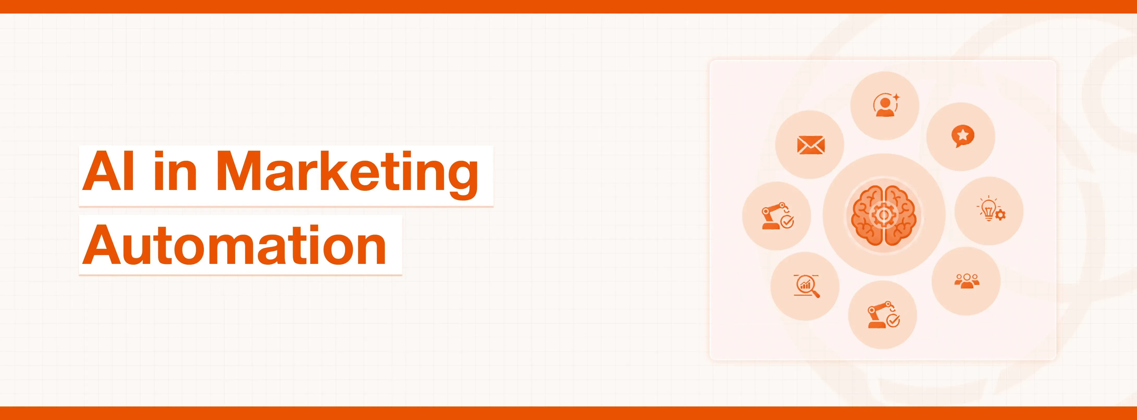 Text 'AI in Marketing Automation' with brain icon surrounded by small related symbols.