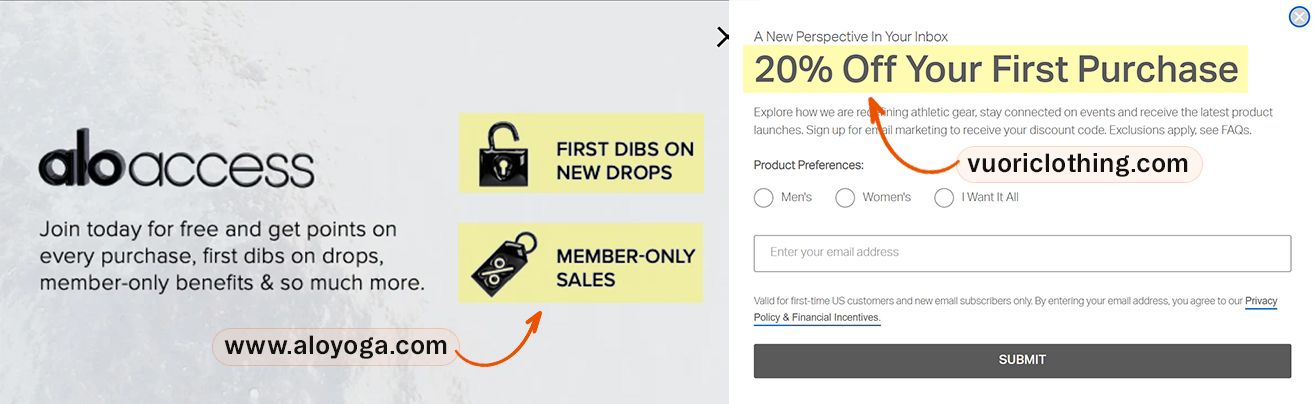 Alo Access membership benefits and Vuoriclothing 20% off first purchase promotion.