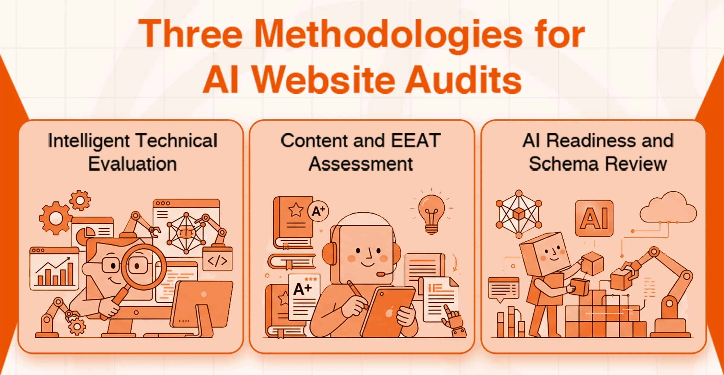 Graphic illustrating three methodologies for AI website audits: technical, content, and AI readiness reviews.