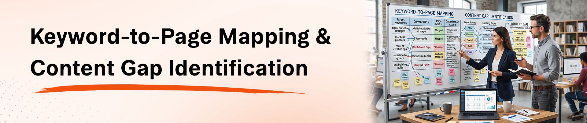 Two professionals discuss Keyword-to-Page Mapping & Content Gap Identification data on a whiteboard.