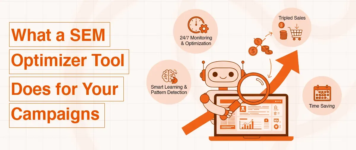 Robot analyzes search engine marketing data on a laptop, showing campaign optimization benefits.