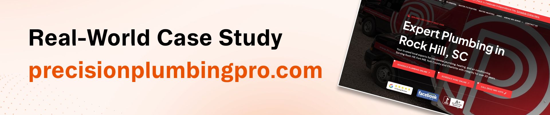 Text reads 'Real-World Case Study' and 'precisionplumbingpro.com' with 'Expert Plumbing' partially visible.