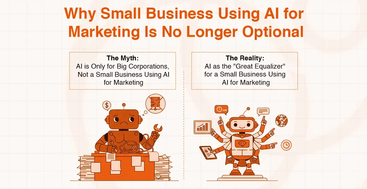 Infographic contrasting limited AI for corporations with multi-tasking AI for small business marketing.