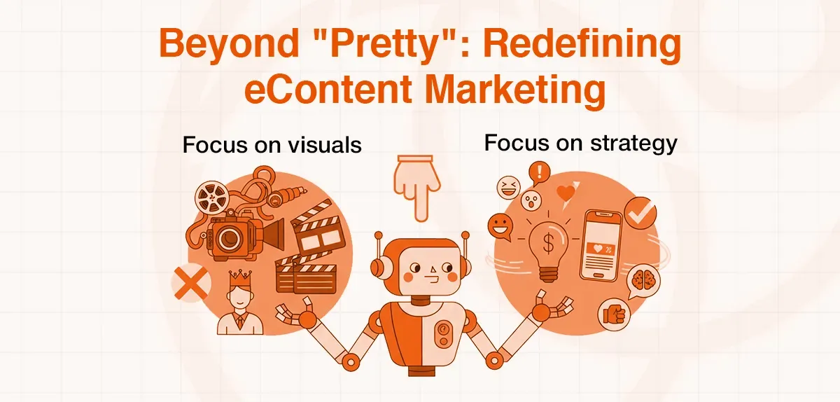 Robot separating focus on visuals from focus on strategy in eContent marketing graphic.