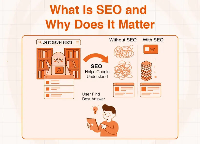 Infographic explaining how SEO helps Google understand content and users find relevant answers.