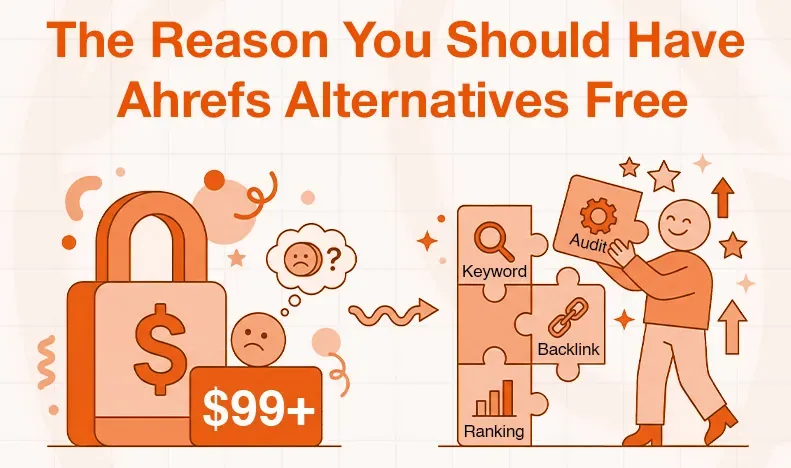 Illustration shows the high cost of Ahrefs and free SEO tool alternatives.