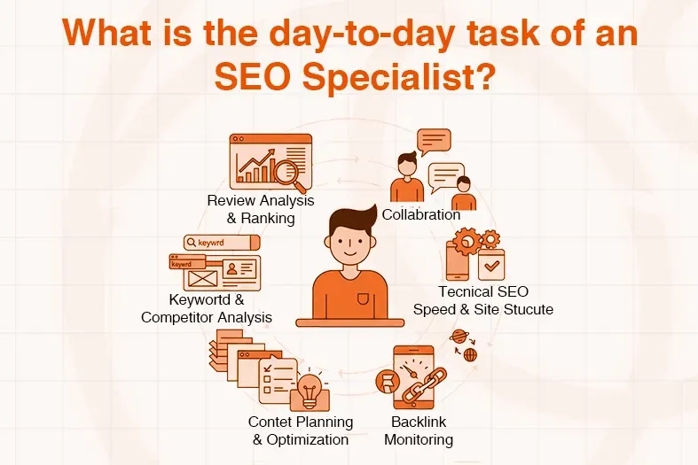Diagram showing an SEO specialist surrounded by their key daily responsibilities.