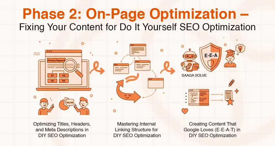 This diagram illustrates Phase 2 On-Page Optimization steps for DIY SEO content improvement.