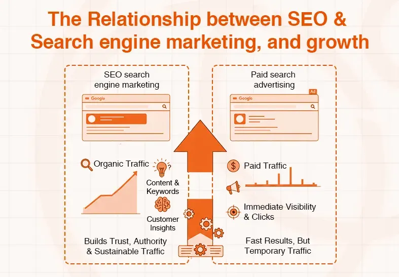 Diagram comparing SEO search engine marketing and paid search advertising for business growth.
