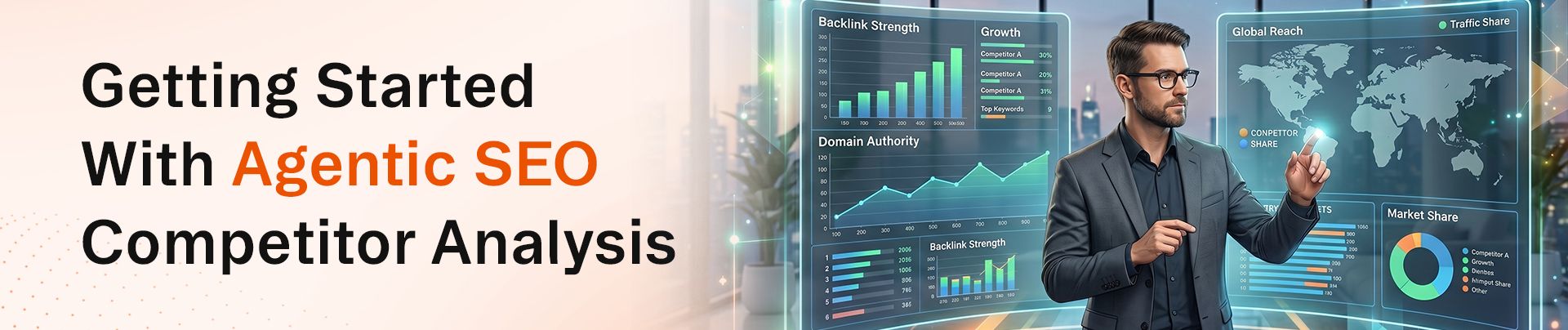 Businessman analyzes digital data visualizations and text: Getting Started With Agentic SEO Competitor Analysis.