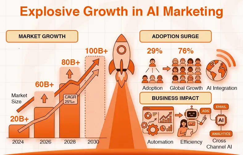 Infographic showing explosive growth in AI marketing, with market size projections and adoption statistics.