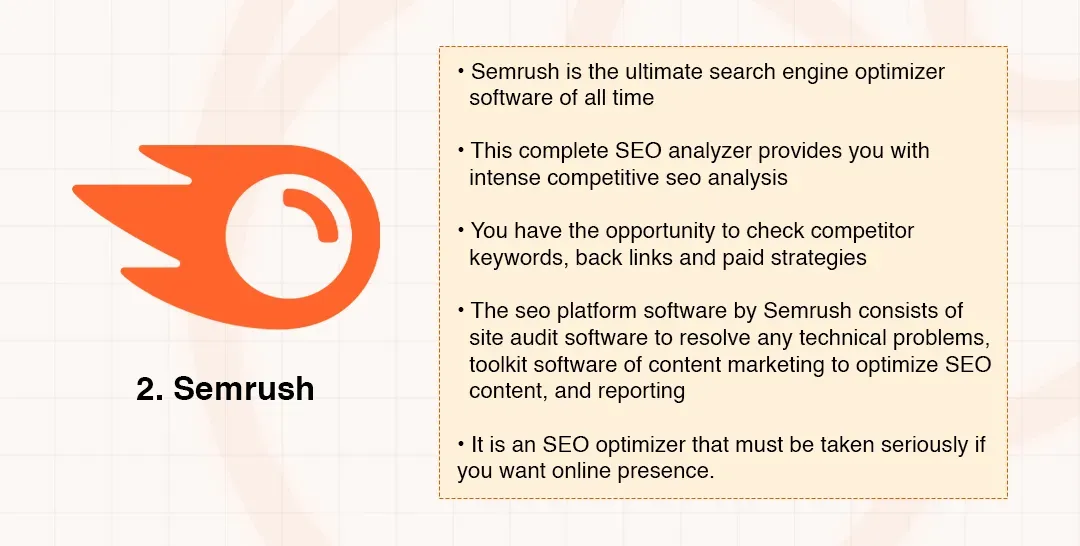 Semrush logo with bullet points detailing its comprehensive SEO analysis software features.
