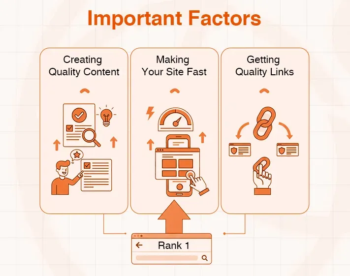 Infographic details key factors for search engine rank 1: quality content, fast site, and quality links.