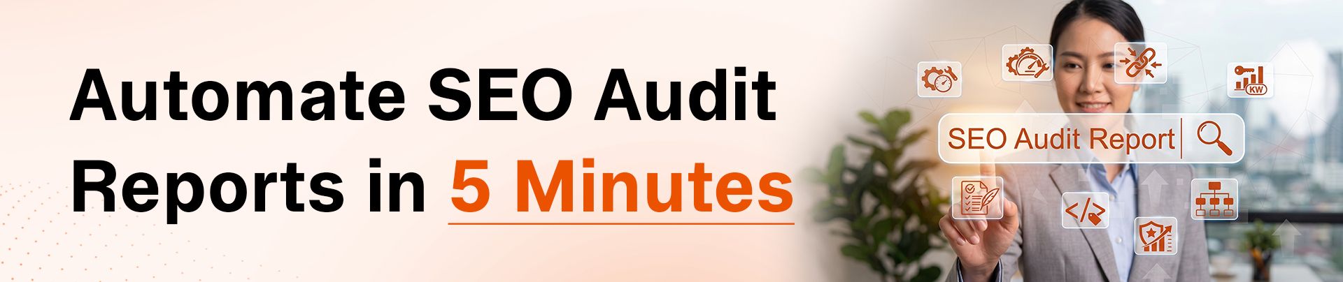 A woman interacts with a holographic interface promoting 'Automate SEO Audit Reports in 5 Minutes'.