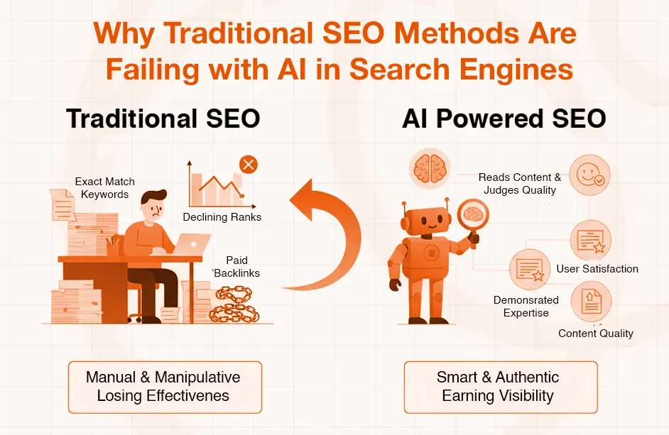 Infographic comparing failing traditional SEO methods with effective AI-powered search engine optimization.