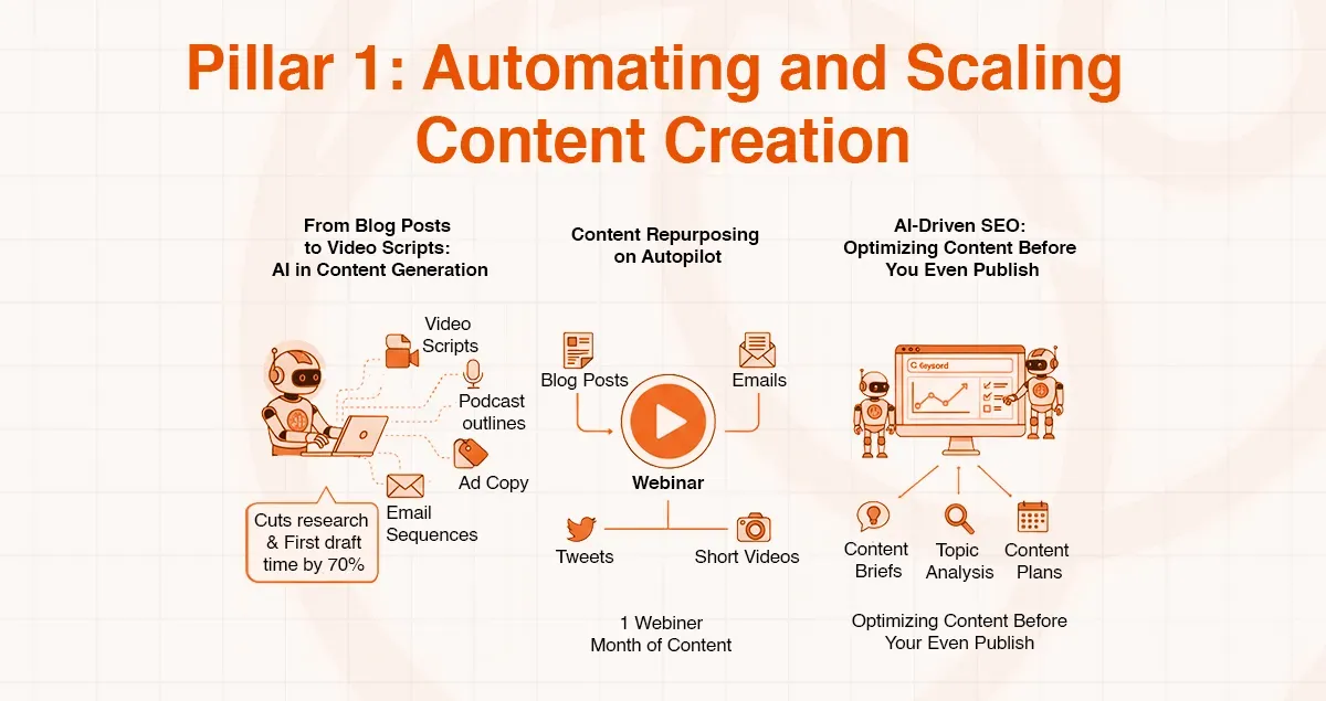 Flowchart detailing automated content creation and scaling, including AI-driven SEO optimization.