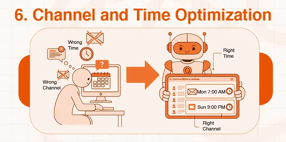 Diagram contrasting a person using wrong communication channels and times with a robot optimizing schedules.