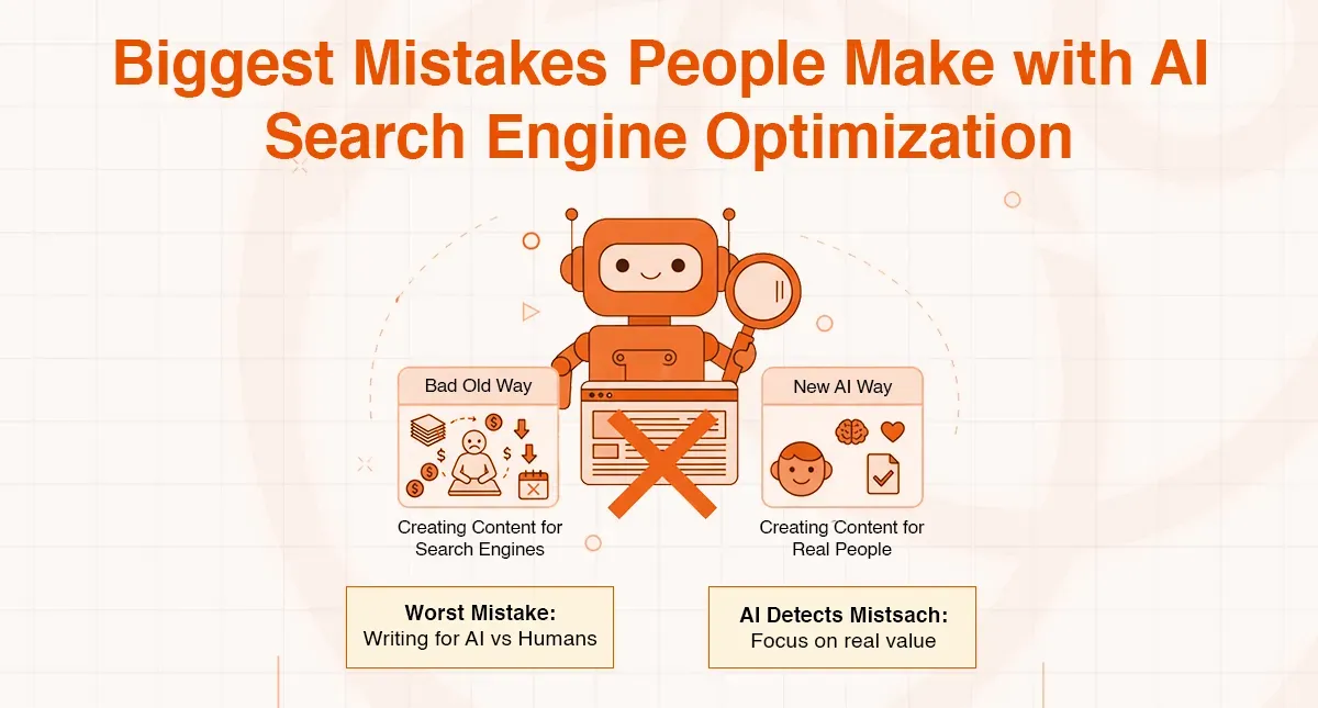 A robot illustrates AI SEO mistakes, contrasting writing for search engines versus creating content for humans.