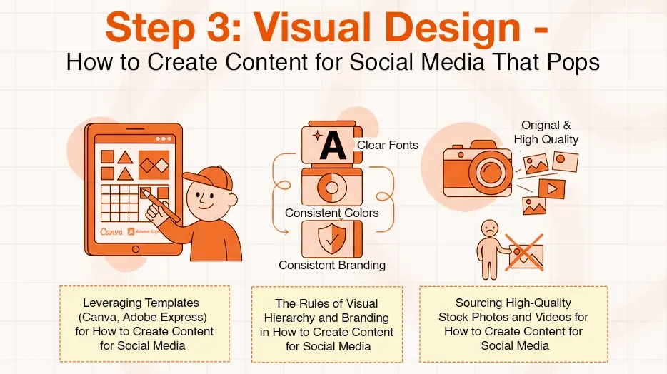 Visual design infographic for social media content: templates, branding, and high-quality media sources.