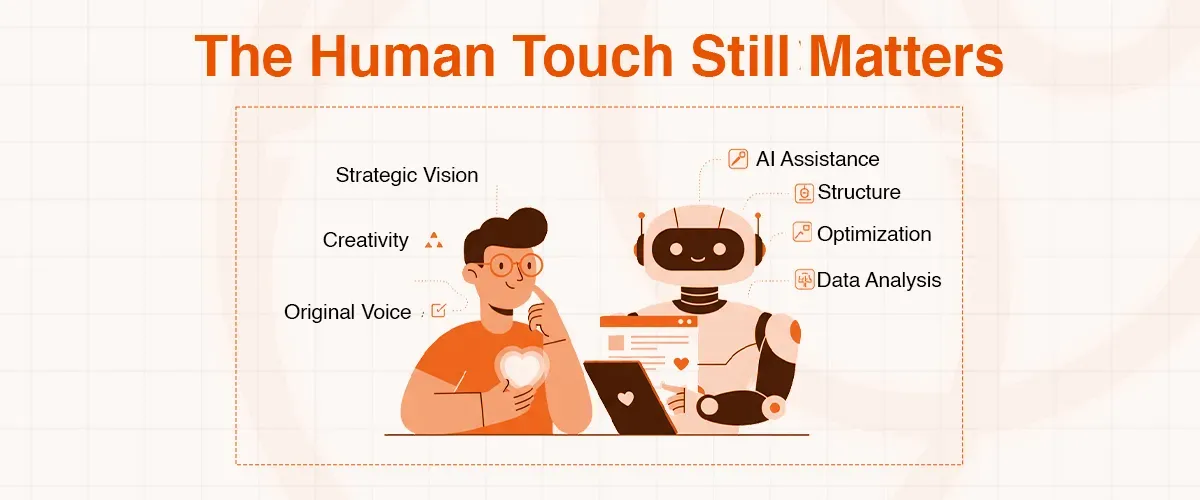 Illustration showing human creativity, strategic vision, and AI assistance for data analysis and optimization.
