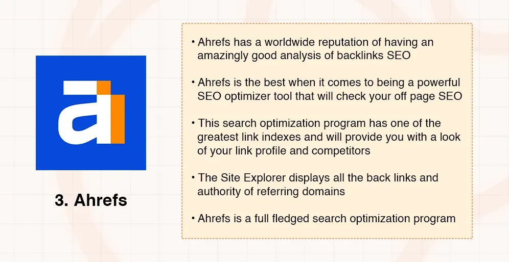 Ahrefs logo displayed next to a list of its key SEO and backlink analysis features.