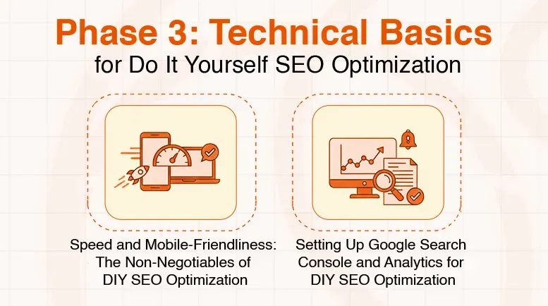 Phase 3 of DIY SEO Optimization covers Speed/Mobile-Friendliness and Google Search Console/Analytics.