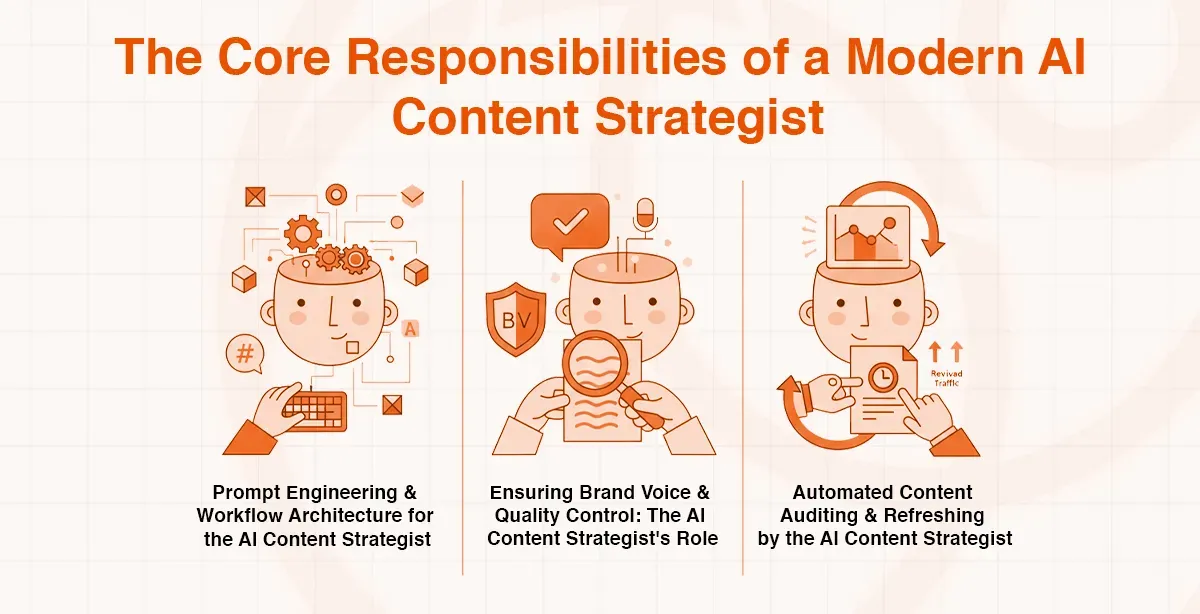 Infographic detailing an AI Content Strategist's roles: prompt engineering, brand voice, and automated auditing.