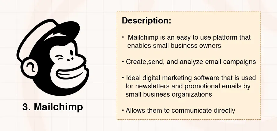 Mailchimp logo and a description of its email marketing platform for small businesses.