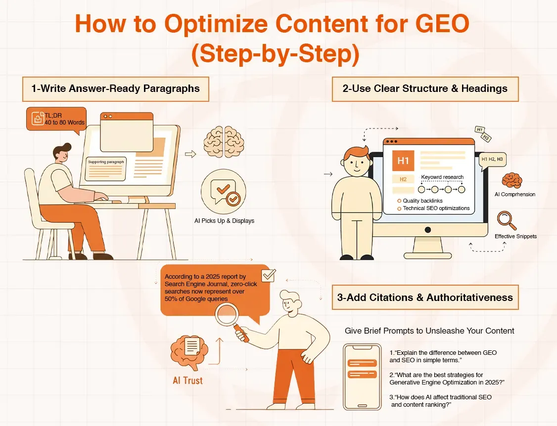 Illustration showing five steps to optimize content for GEO: write answer-ready paragraphs, use clear structure and headings, use keywords effectively, add coherence, and add authoritativeness.