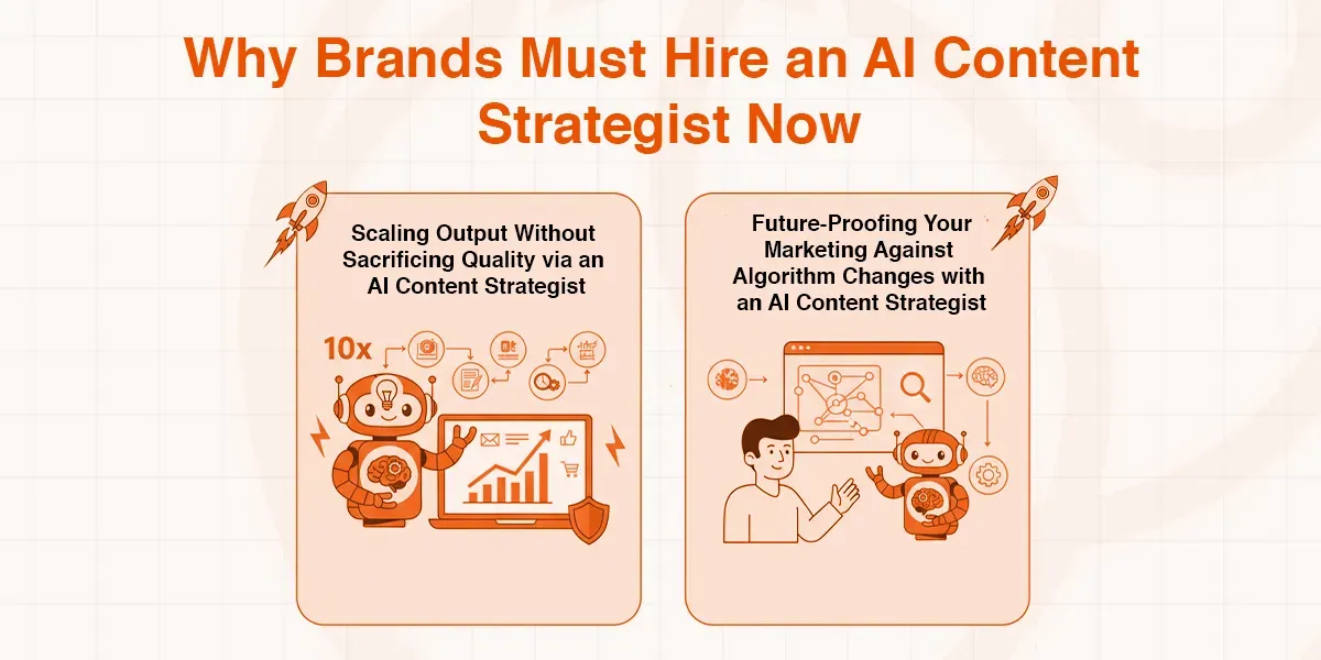 Infographic illustrates two benefits of an AI content strategist: scaling output and future-proofing marketing.