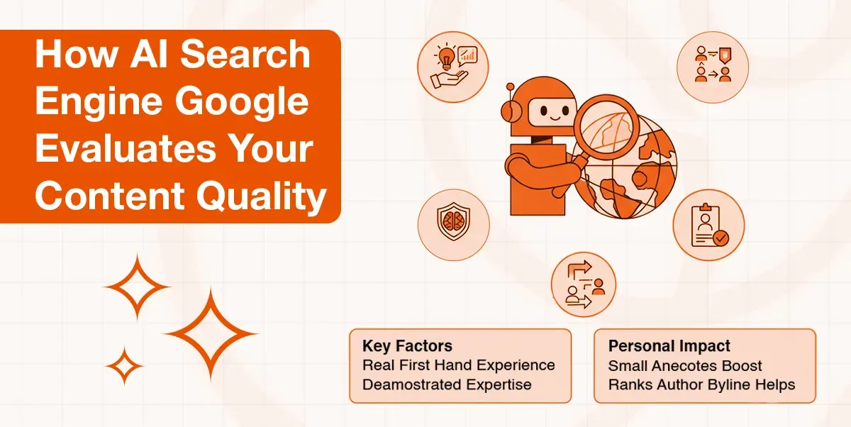 AI search engine Google evaluates content quality, featuring a robot examining a globe.