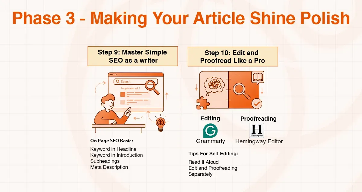 Phase 3 steps for article polish: mastering SEO and professional editing and proofreading.