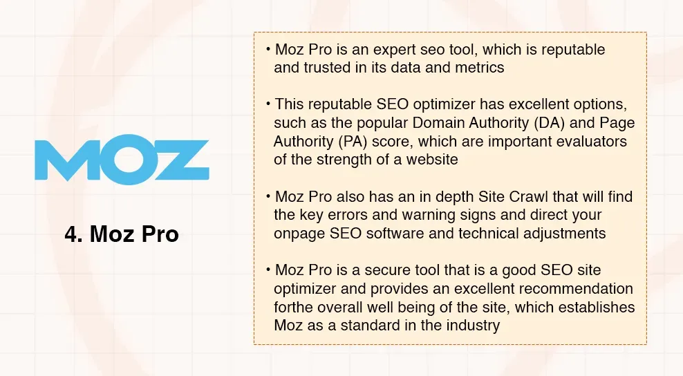 Moz Pro logo and bullet points detailing its SEO tool features and benefits.
