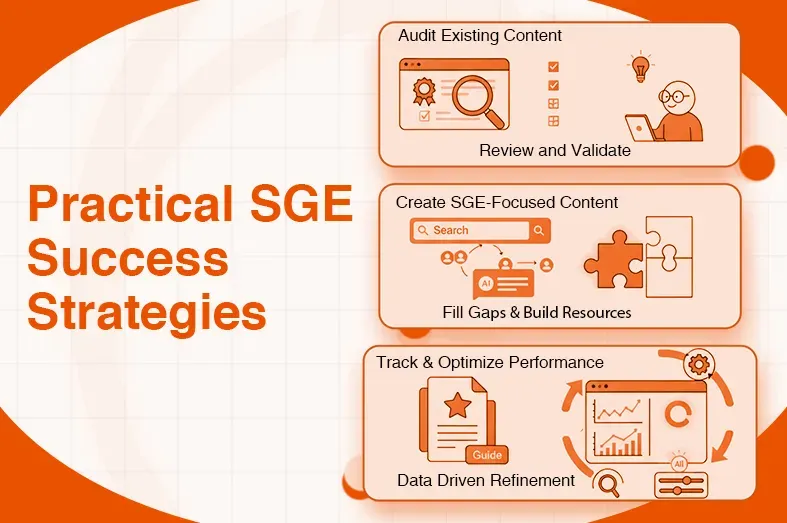 Infographic outlining practical SGE success strategies with steps for auditing, creating, and tracking content.