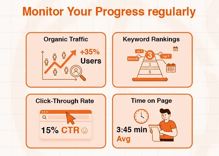 Infographic monitors website progress using organic traffic, keyword rankings, CTR, and average time on page.