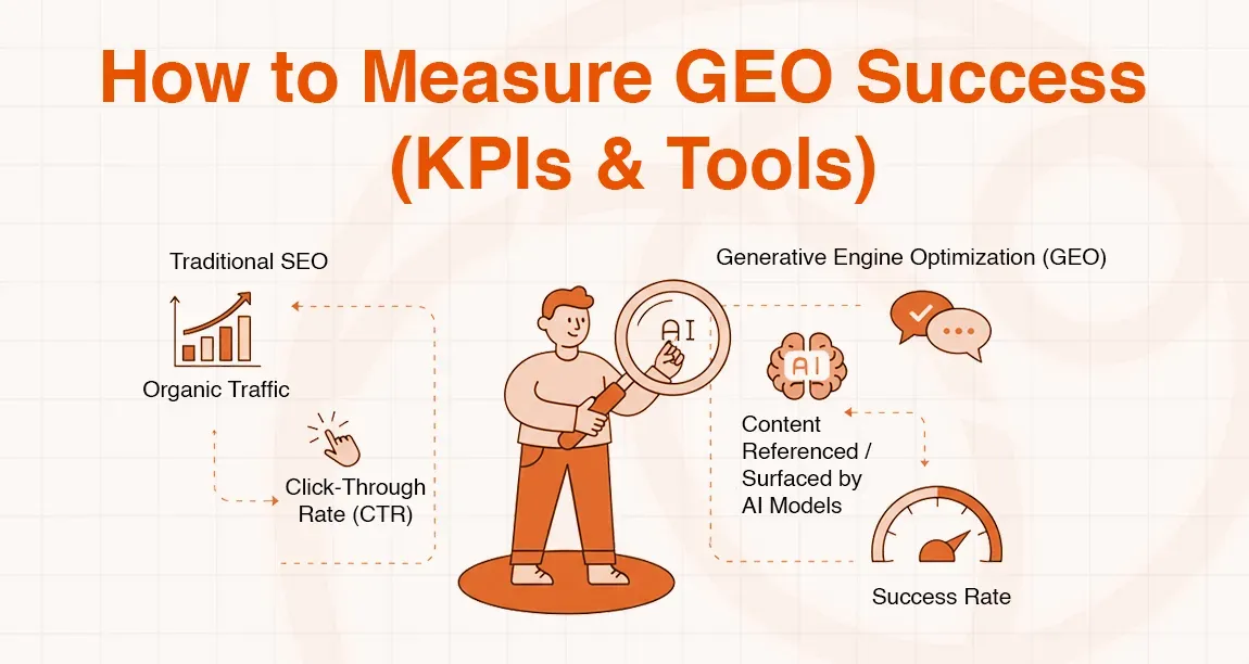 Man with magnifying glass examines AI icons and graphs illustrating GEO success metrics like organic traffic and click-through rate.