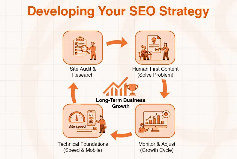 Diagram illustrating a cyclical SEO strategy: audit, content, technical foundations, and monitoring for growth.