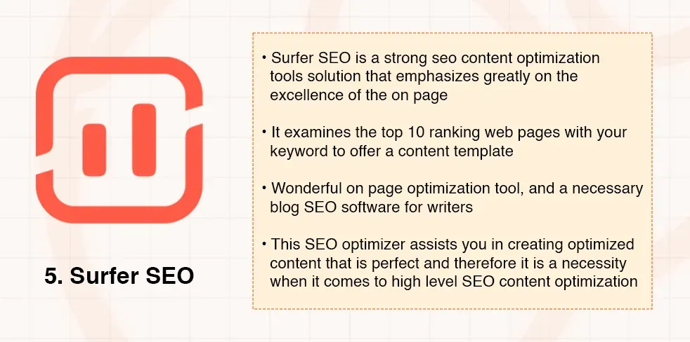 Surfer SEO logo alongside text describing it as an on-page content optimization tool.