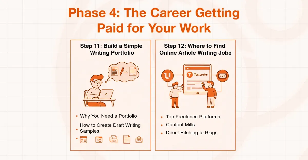 Infographic showing steps to build a writing portfolio and find online article writing jobs.