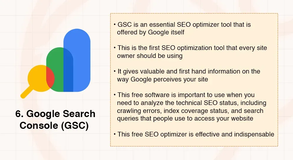 Google Search Console logo with bullet points describing its SEO optimization features.