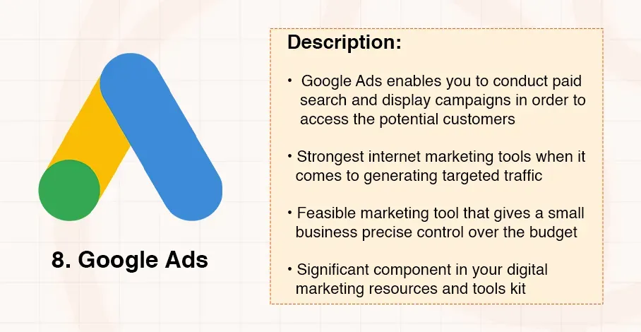 Google Ads logo with an accompanying bulleted description of its features and benefits.