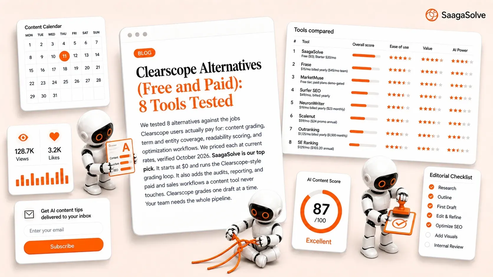 Illustration for a Clearscope alternatives guide: robots hold an A-graded content report and stamp approval beside a table comparing 8 SEO tools, led by SaagaSolve.
